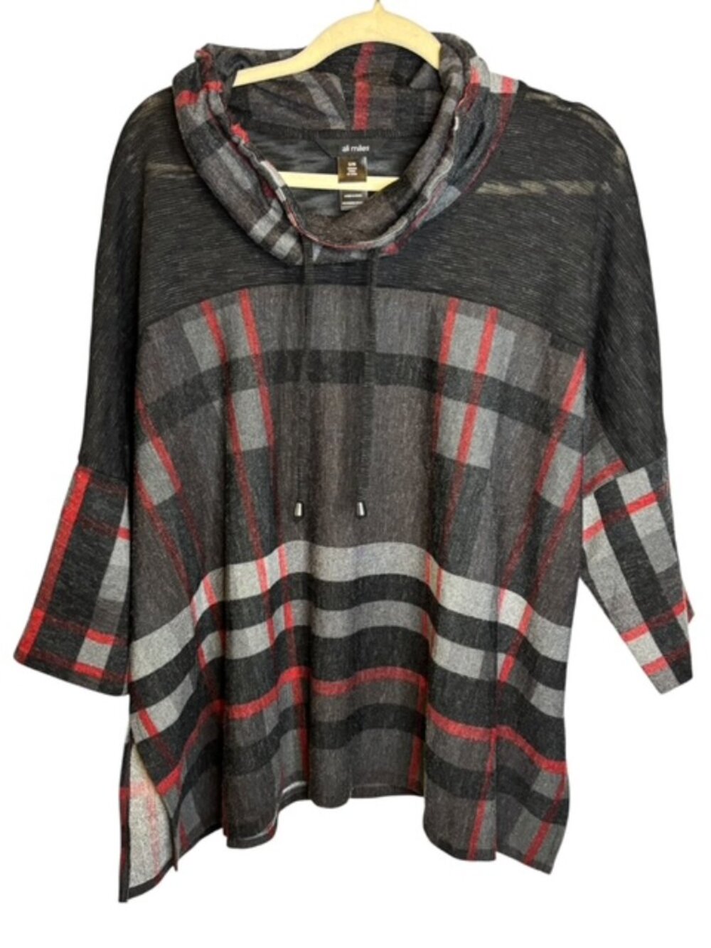 Ali Miles Women's Small/Medium Plaid Cowl Neck Sheer‎ Artsy Knit Red Black